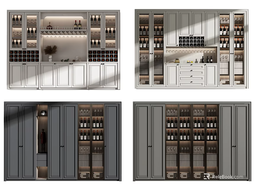 Modern Wine Cabinet Designs With Glass Doors And Multiple Storage Shelves 3d model 