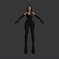 Woman in Black Tight Fitting Outfit with Long Gloves and High Heels against Gray Background