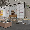 Cozy Dessert Shop With Display Cases Fresh Pastries Seating Area Grid Wall And Green Plants