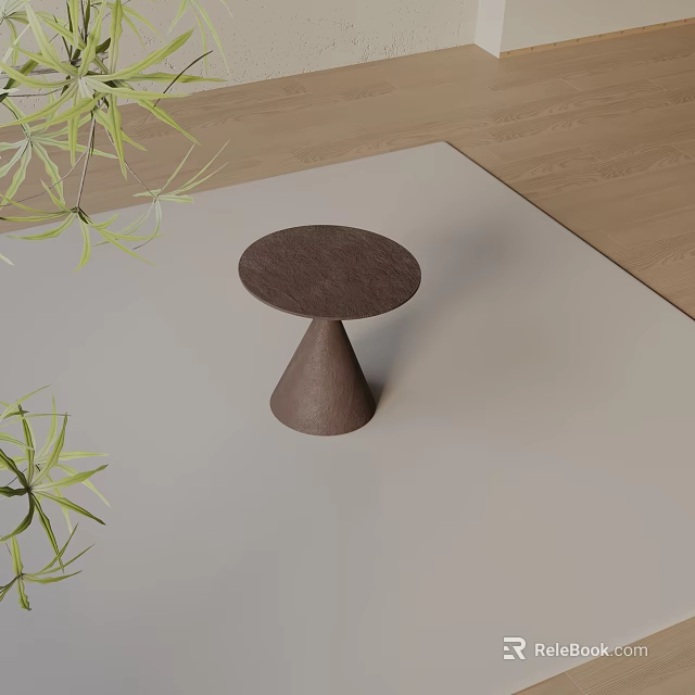 Brown Round Side Table With Conical Base On Light Colored Rug And Green Plants 3d model