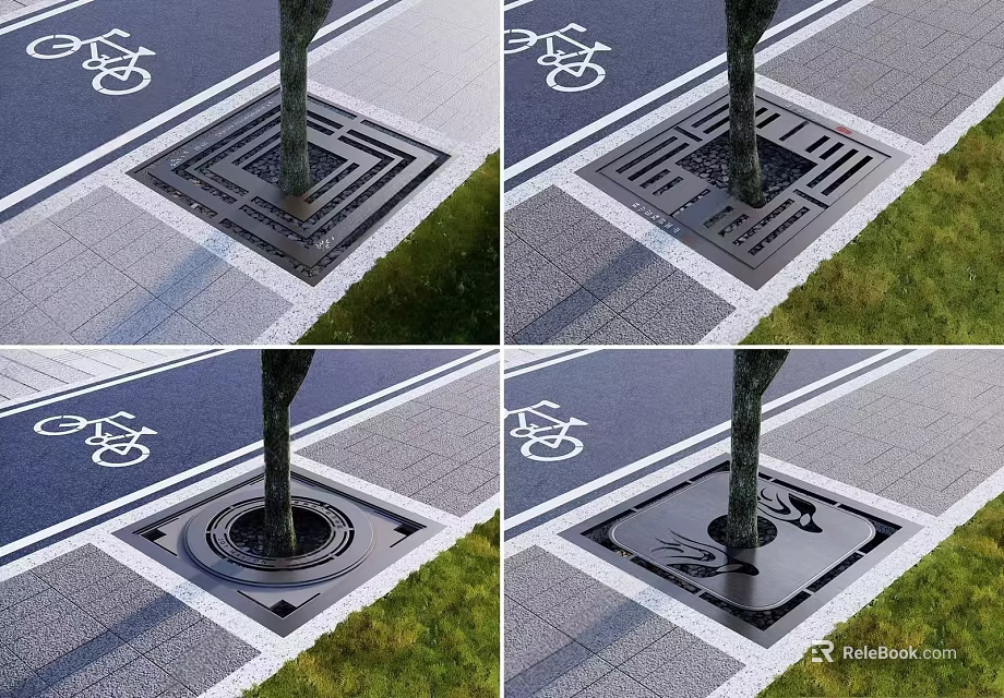 Arbor In Urban Bike Lane Featuring Decorative Tree Grate And Paved Surroundings With Grass 3d model 