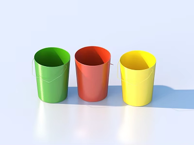 Three Colorful Plastic Buckets Green Red Yellow for Everyday Household Use on White Surface 3d model