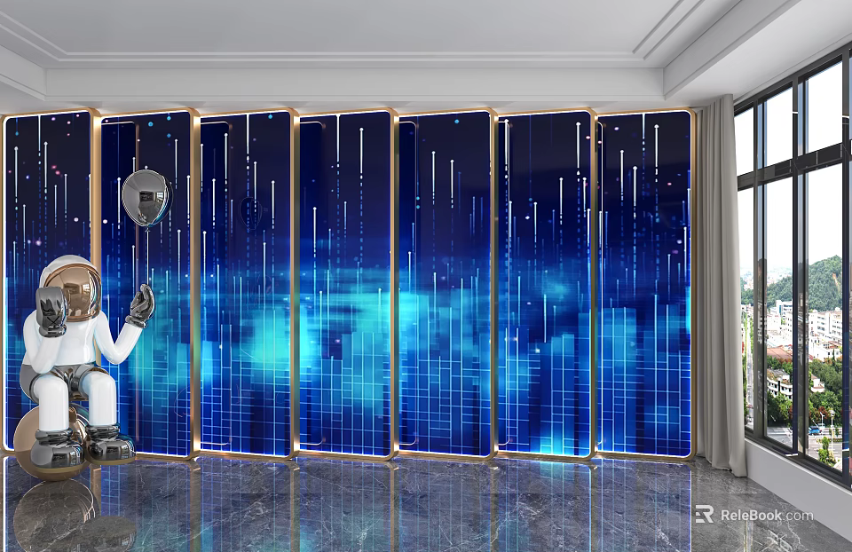 Tech Inspired Blue Background Wall With Foldable Screen Lines Lighting And Astronaut Figure 3d model 