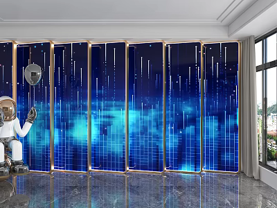 Tech Inspired Blue Background Wall With Foldable Screen Lines Lighting And Astronaut Figure 3d model