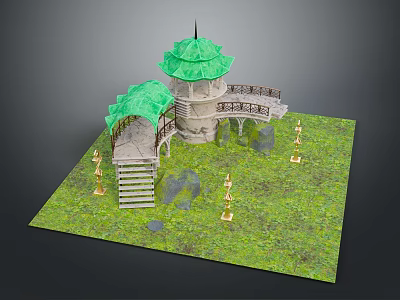 3D Model Scene With Green Pavilions Stone Staircase Balcony And Golden Lamp Posts On Grassland 3d model