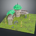 3D Model Scene With Green Pavilions Stone Staircase Balcony And Golden Lamp Posts On Grassland