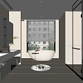 Modern Bathroom Interior With White Tiles Bathtub Glass Shower Vanity And Mirror Blinds Plant