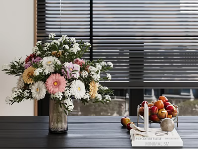 Colorful Flowers Arrangement in Glass Vase on Wooden Table with Fruit Basket and Window Blinds 3d model