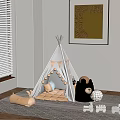 Cozy Kids Playroom with Teepee Tent Stuffed Bear Toy Cars and Gray Rug