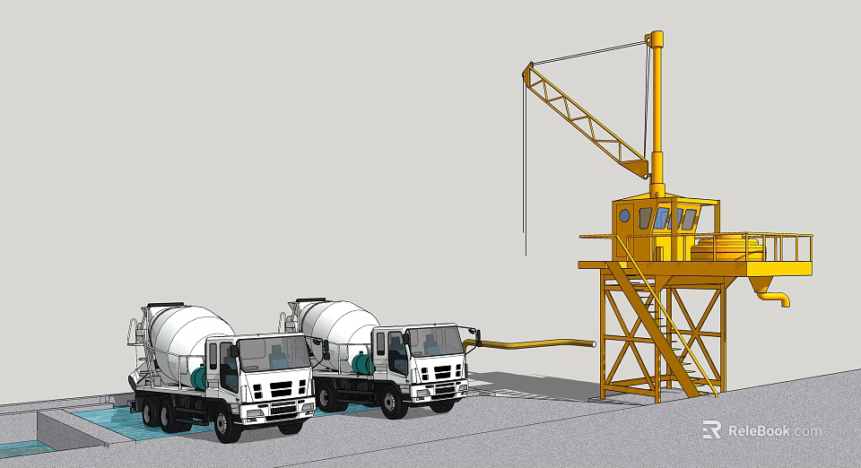 Heavy Duty Industrial Equipment Featuring Tower Crane And Concrete Mixer Trucks On Construction Site 3d model 