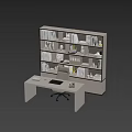 Modern Office Desk With Bookshelf Behind Books Files Decorative Sculptures Warm Lighting And Ergonomic Chair