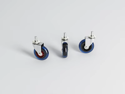 Three Blue Rubber Caster Wheels Featuring Metal Swivel Brackets Design 3d model