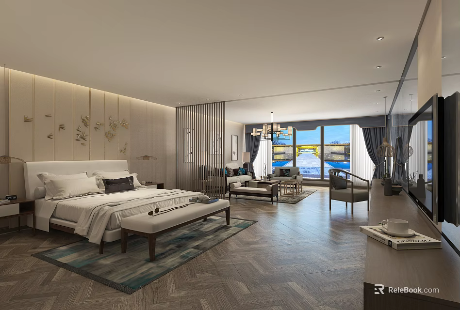 Luxury Hotel Guest Room Interior With Large Bed Sofa Scenic Windows And Decorative Wooden Flooring 3d model 