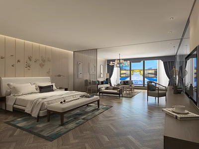 Luxury Hotel Guest Room Interior With Large Bed Sofa Scenic Windows And Decorative Wooden Flooring 3d model