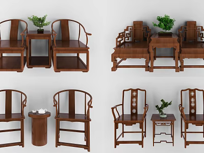 Wooden Chinese Leisure Chairs With Curved Backrest Classic Design Side Tables And Potted Plants 3d model