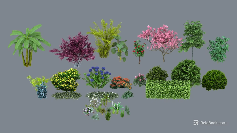 Various Colorful Bushes With Green Pink Purple Foliage For Garden Landscaping 3d model 