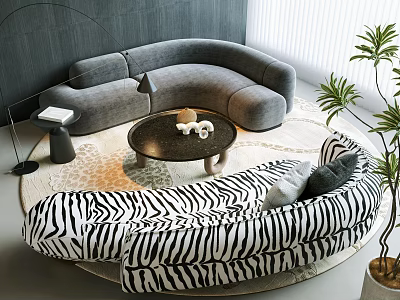Curved Gray and Zebra Print Sofa Set with Round Coffee Table and Plant 3d model