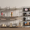 Modern Multi Tier Metal Frame Shelving Unit With Wooden Shelves And Decorative Figurines Books