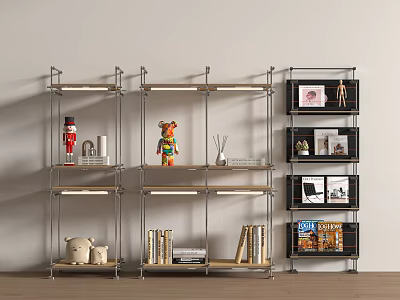 Modern Multi Tier Metal Frame Shelving Unit With Wooden Shelves And Decorative Figurines Books 3d model