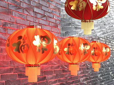 Traditional Chinese Red Lanterns With Golden Fu Characters Hanging On Brick Wall 3d model