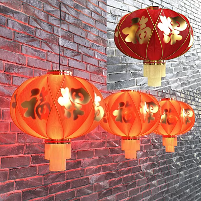 Traditional Chinese Red Lanterns With Golden Fu Characters Hanging On Brick Wall 3d model