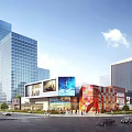 Modern Office Buildings With Glass Facades In Urban Area Featuring Plaza And Pedestrians