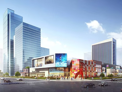 Modern Office Buildings With Glass Facades In Urban Area Featuring Plaza And Pedestrians 3d model