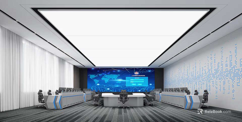 Modern Control Room Featuring Large Screen World Map Data Control Desks And Office Chairs 3d model 