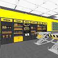 4S Auto Service Shop Interior With Yellow Black Walls Tool Racks And Equipment