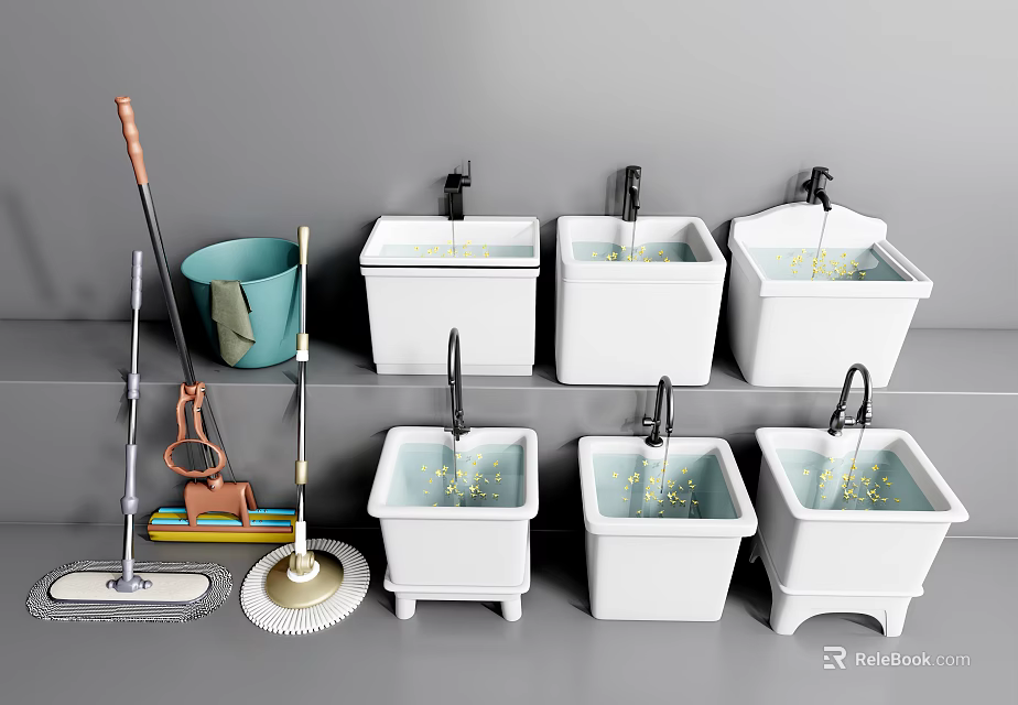 Cleaning Tools Display Mop Bucket Brush And White Sinks Arrangement 3d model 