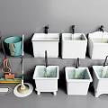 Cleaning Tools Display Mop Bucket Brush And White Sinks Arrangement 3d model