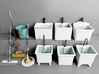 Cleaning Tools Display Mop Bucket Brush And White Sinks Arrangement 3d model
