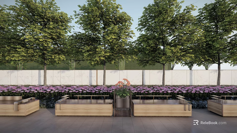 Outdoor Wooden Bench In Garden With Trees Purple Flowers White Wall And Metal Planter 3d model 