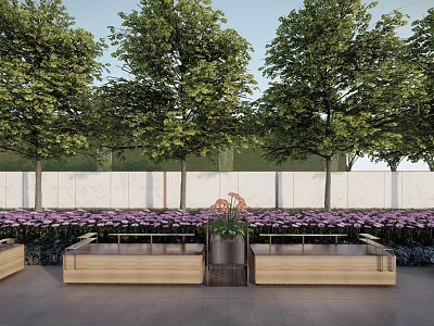Outdoor Wooden Bench In Garden With Trees Purple Flowers White Wall And Metal Planter 3d model