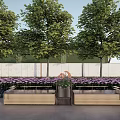 Outdoor Wooden Bench In Garden With Trees Purple Flowers White Wall And Metal Planter