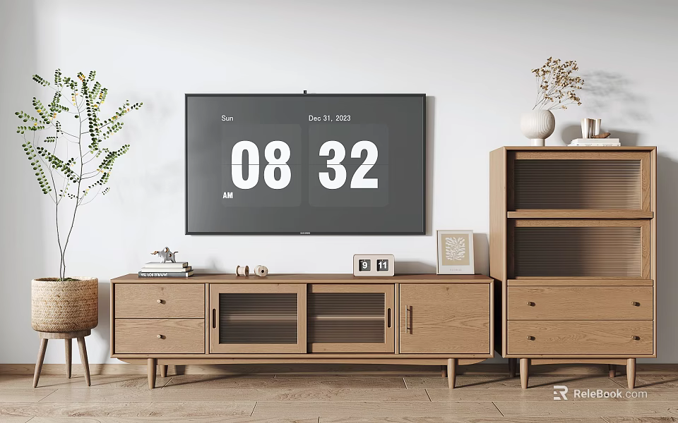 Natural Wooden TV Stand Design With TV Drawers Glass Doors And Decor Items 3d model 