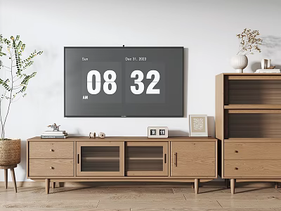 Natural Wooden TV Stand Design With TV Drawers Glass Doors And Decor Items 3d model