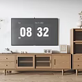 Natural Wooden TV Stand Design With TV Drawers Glass Doors And Decor Items