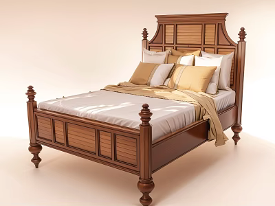 Classic Wooden Single Bed with Carved Headboard White Sheets and Pillows 3d model