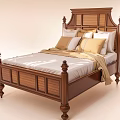 Classic Wooden Single Bed with Carved Headboard White Sheets and Pillows