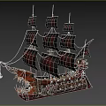 Vintage Wooden Sailing Ship with Red and Black Sails and Carved Dragon Head Bow