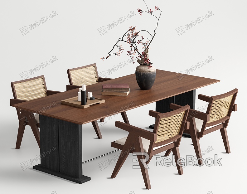 Quiet Ancient Dining Table and Chair Combination Solid Wood Dining Table Rattan Dining Chair Jewelry Ornaments model