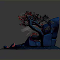 Natural Landscape With Wooden Curved Tree And Red Stone Pile Featuring Burning Campfire