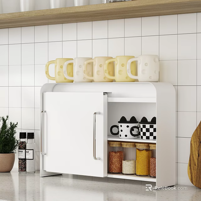 White Kitchen Shelf With Cabinet Door Holding Yellow White Mugs And Jars On Tiled Wall 3d model 