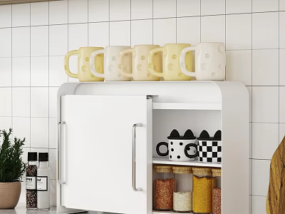White Kitchen Shelf With Cabinet Door Holding Yellow White Mugs And Jars On Tiled Wall 3d model