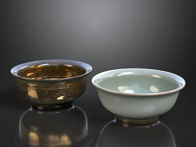 Golden And White Ceramic Bowls With Shiny Surface On Black Background 3d model
