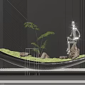 Modern Indoor Plant Display With Green Moss Rocks Silver Figure And Bowl Shaped Vessel