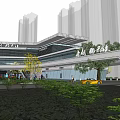 Modern Commercial Landscape With Contemporary Glass Facade Building Green Lawn Shrubs And Trees