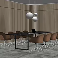 Modern Conference Room With Wooden Slat Walls Gray Table Brown Chairs And Round Pendant Lights