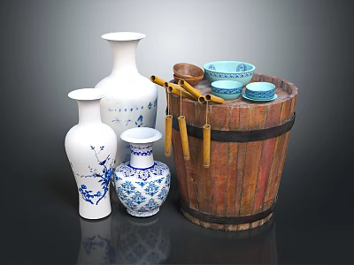 Traditional Household Items Including Blue And White Porcelain Vases Wooden Barrel And Small Bowls 3d model